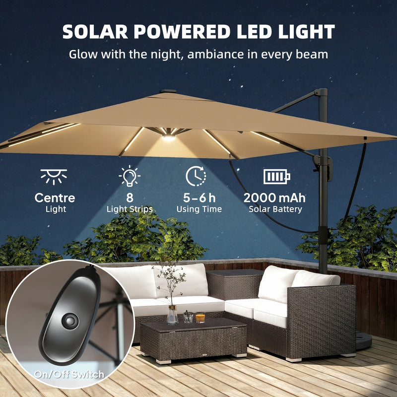 Square Cantilever Parasol with Lights For Garden - Easily Adjustable UPF 30+ Shade - Crank/Tilt - Khaki