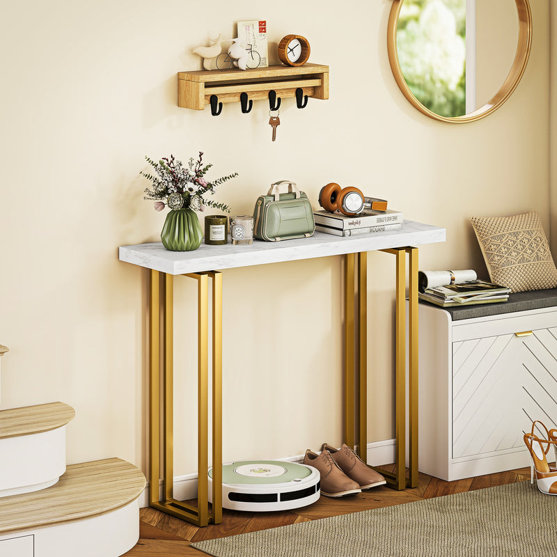 Narrow Console Table with Faux Marble Top and Anti Tip Design for Hallways White