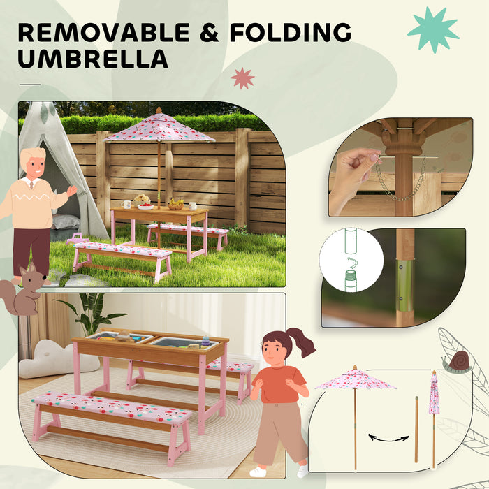 Kids Picnic Table Set with Foldable Umbrella Cushions Storage Boxes Flamingo Design Pink by AIYAPLAY