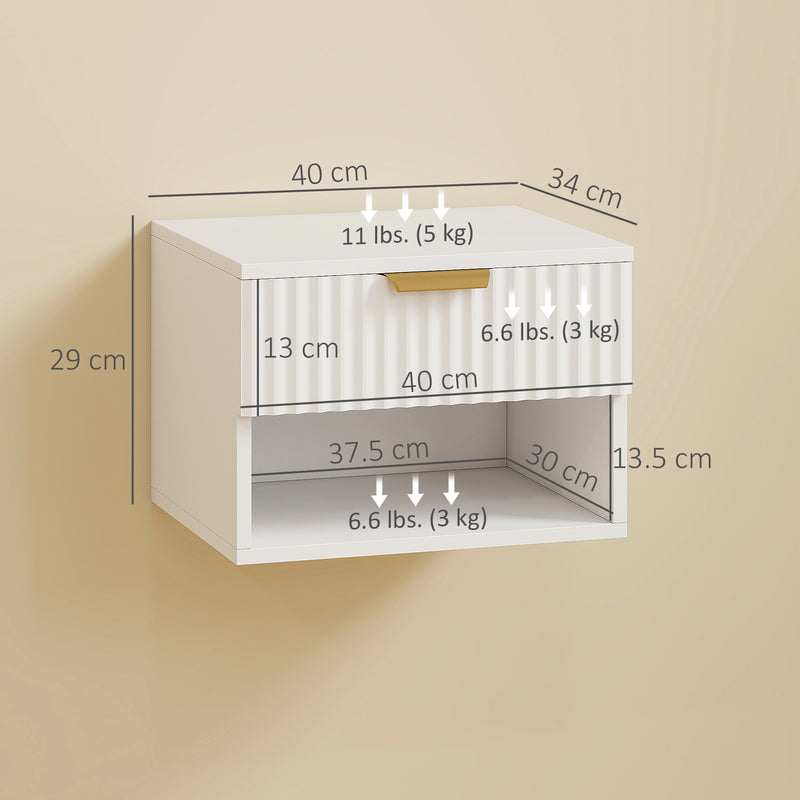 Set of 2 Wall Mounted Bedside Tables with Fluted Drawer and Shelf Ideal for Bedrooms White