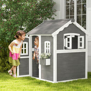 Wooden Kids Playhouse with Doors Windows and Planter Box for Garden Play Grey