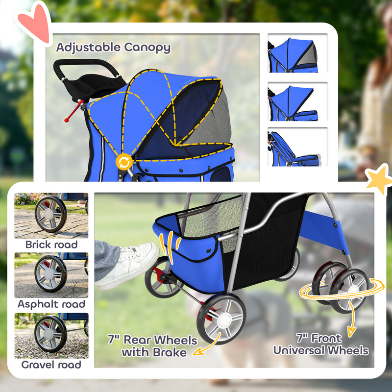 Pet Stroller for Small or Elderly Pets with Foldable Frame and Mesh Windows Blue