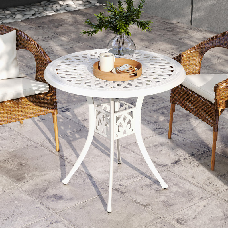 White Round Garden Dining Table 78 cm Cast Aluminium with Parasol Hole by Outsunny