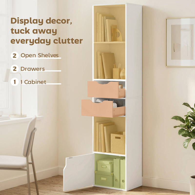 Slim Corner Bookcase with Shelves Drawers and Cabinet for Compact Home Storage White AOSOM