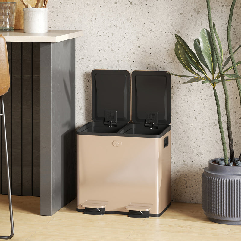Gold 30L Double Kitchen Recycling Bin with Deodorisers for Waste Separation, Stainless Steel