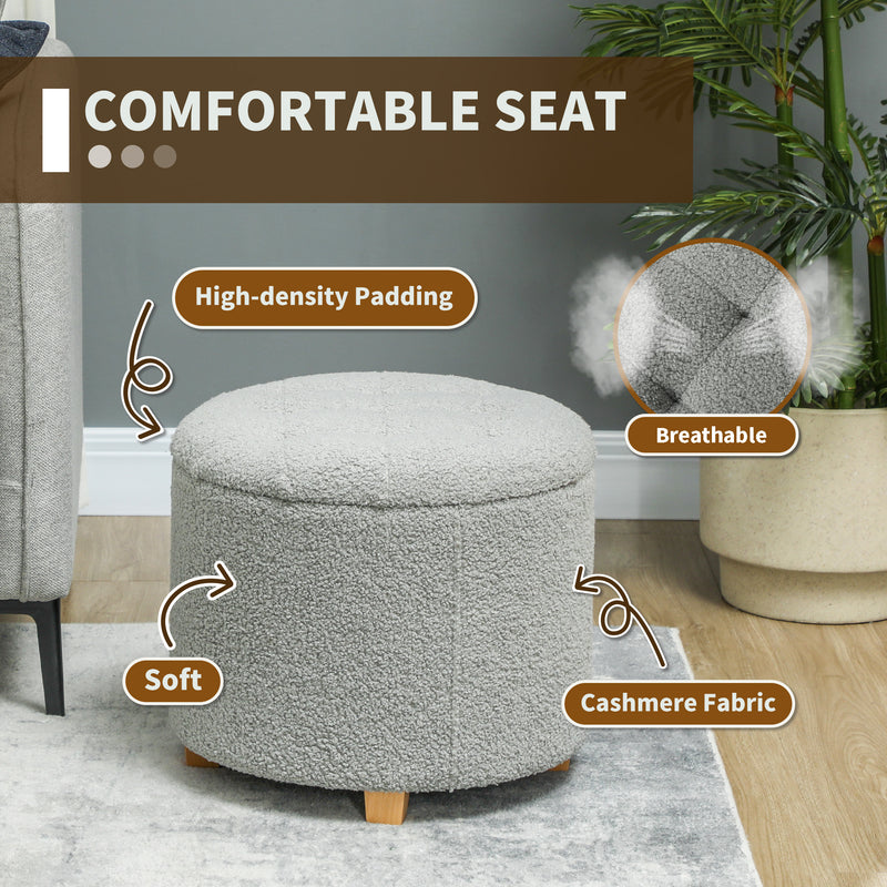 Teddy Fleece Storage Round Ottoman with Lid Grey 31.8L by HOMCOM