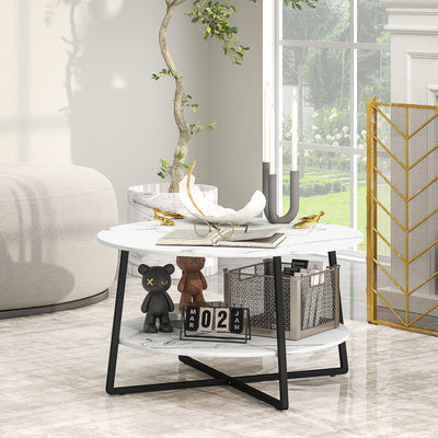 Two Tier Marble Effect Round Coffee Table With Black Legs For Living Room by HOMCOM