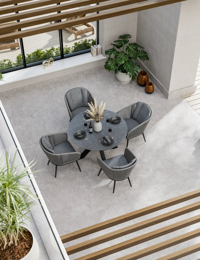 Aspen 4 seater round ceramic glass garden dining set seen from above, grey 120cm top with four rope chairs