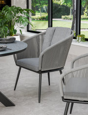 Aspen grey rope dining chair with grey seat and back cushions, close detail