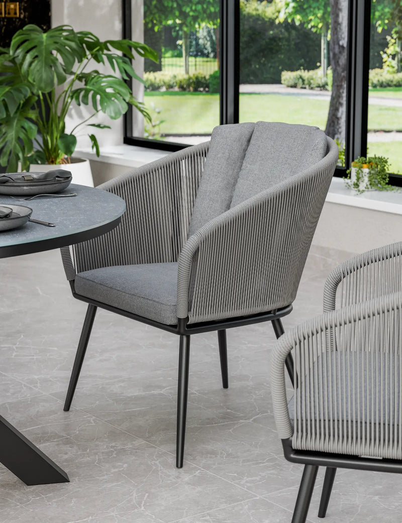 Aspen grey rope dining chair with grey seat and back cushions, close detail