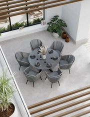Aspen 6 seater round ceramic glass garden dining set seen from above, grey 150cm top with six rope chairs