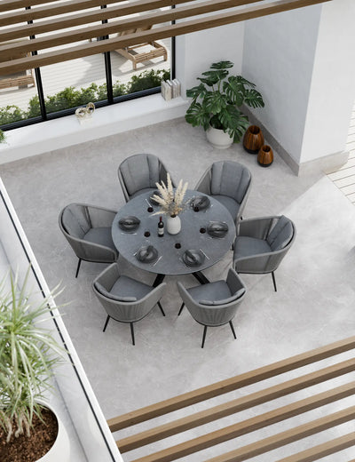 Aspen 6 seater round ceramic glass garden dining set seen from above, grey 150cm top with six rope chairs