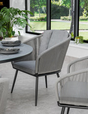 Aspen grey rope dining chair with grey seat and back cushions, close detail