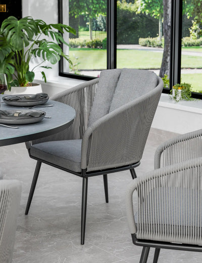 Aspen grey rope dining chair with grey seat and back cushions, close detail