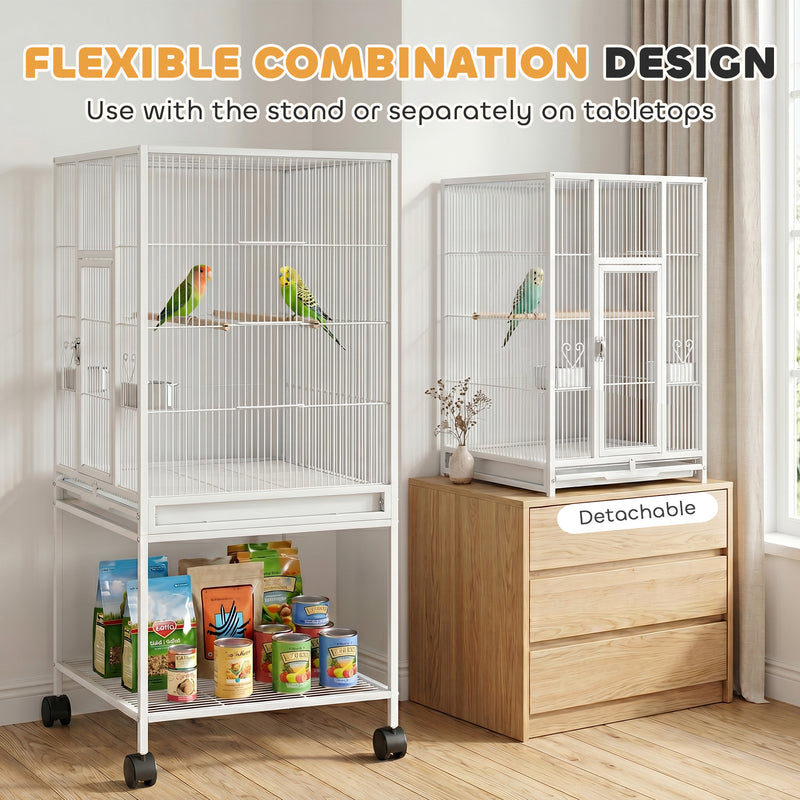 Mobile Bird Cage With Stand and Storage Shelf for Easy Cleaning and Moving White