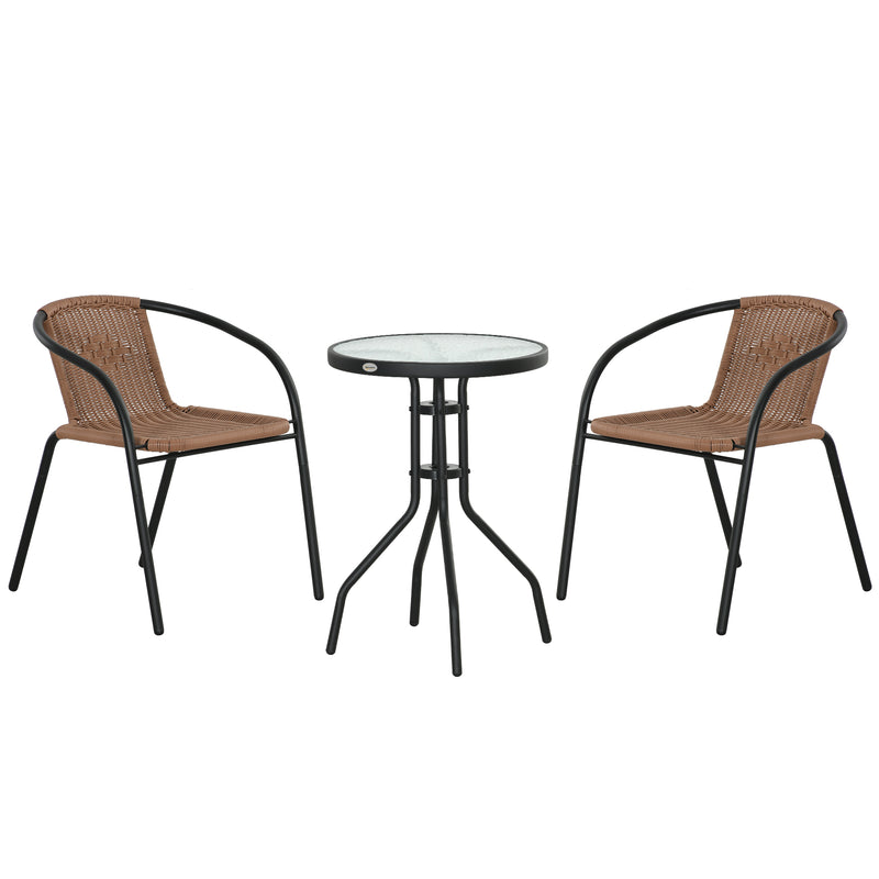 Garden Bistro Set with Stackable Rattan Chairs and Glass Table for Small Spaces Brown