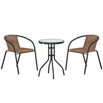 Garden Bistro Set with Stackable Rattan Chairs and Glass Table for Small Spaces Brown Outsunny