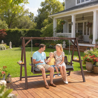 Wooden Garden Swing Chair for 3 with Cushioned Seat and Side Shelves, Carbonised Brown Outsunny