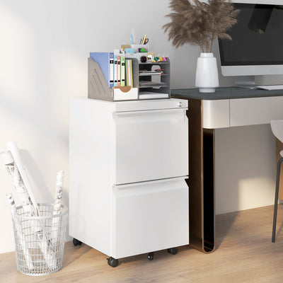 2 Drawer Lockable Steel Filing Cabinet With Wheels For A4 And Legal Files, White