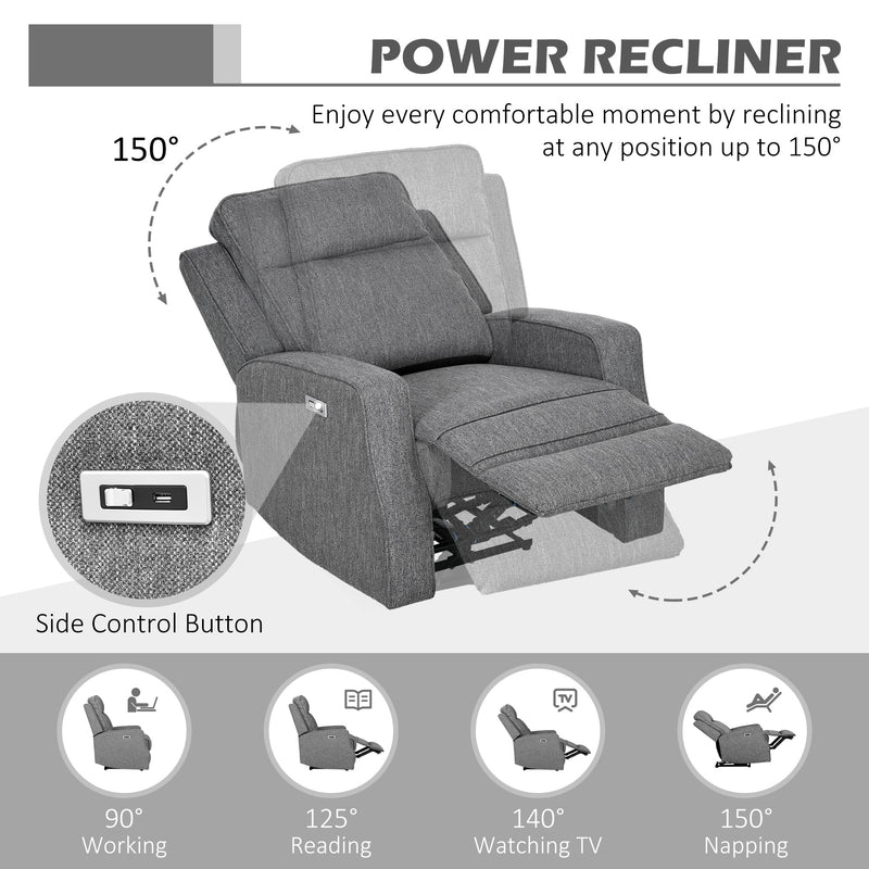 Electric Reclining Armchair with USB Charging Port and Padded Footrest Charcoal Grey