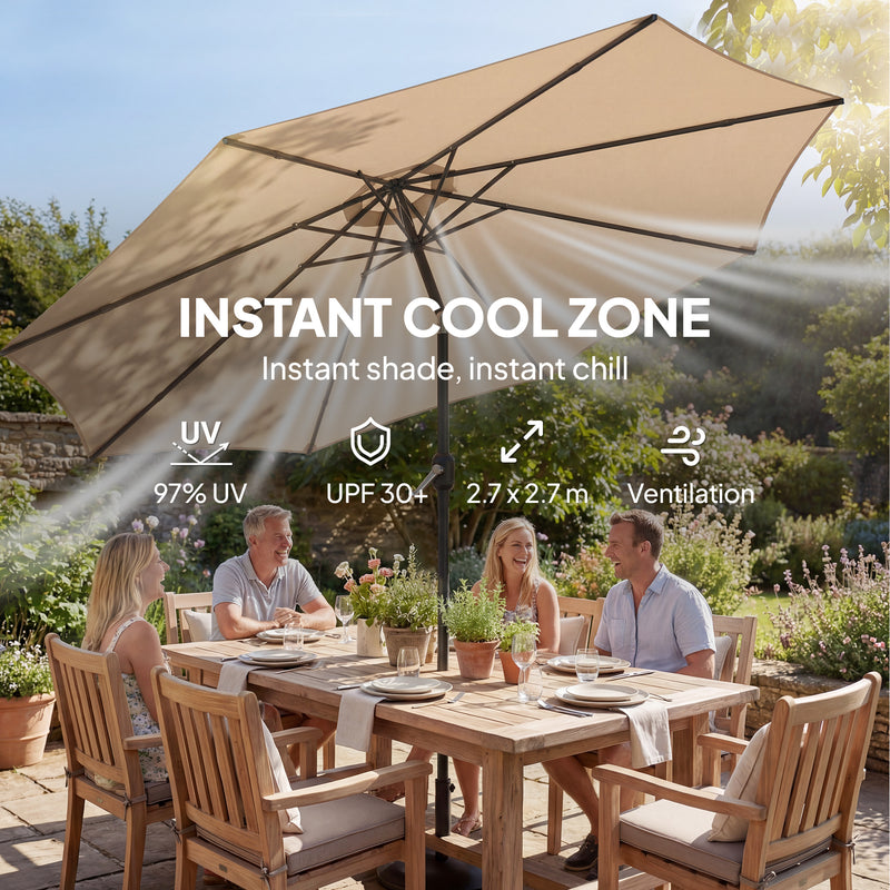 Garden Parasol with Adjustable UPF30+ Shade and Stable Base for Outdoor Sun Protection Khaki