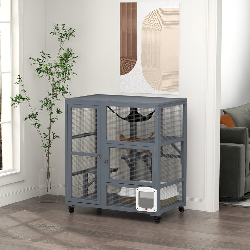 Indoor Wooden Cat Enclosure With Platforms And Hammock On Wheels For Easy Moving, Light Grey