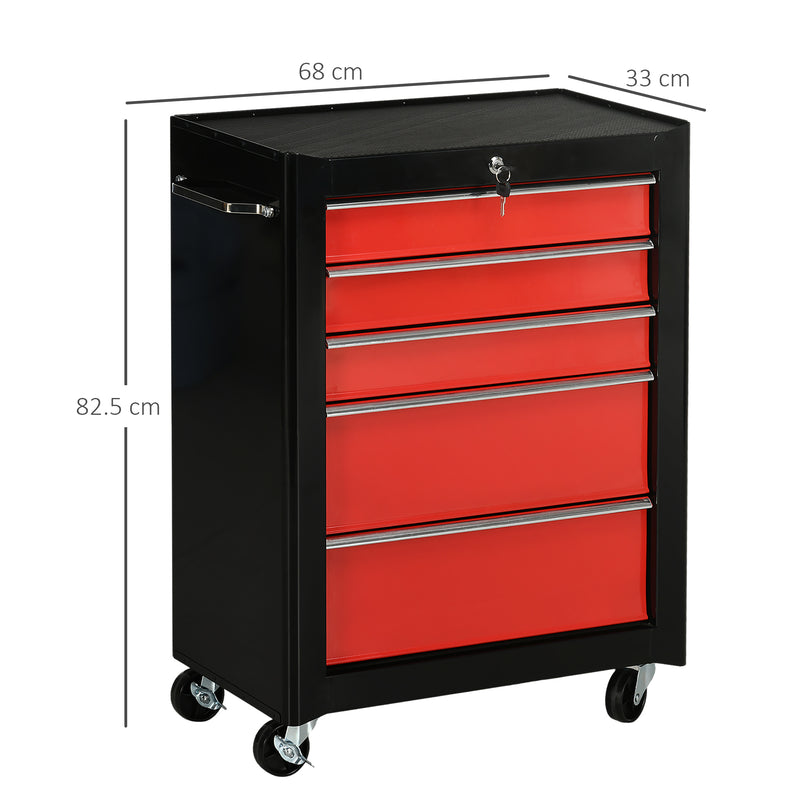 5 Drawer Lockable Steel Tool Chest With Wheels For Garage Or Workshop Use Red