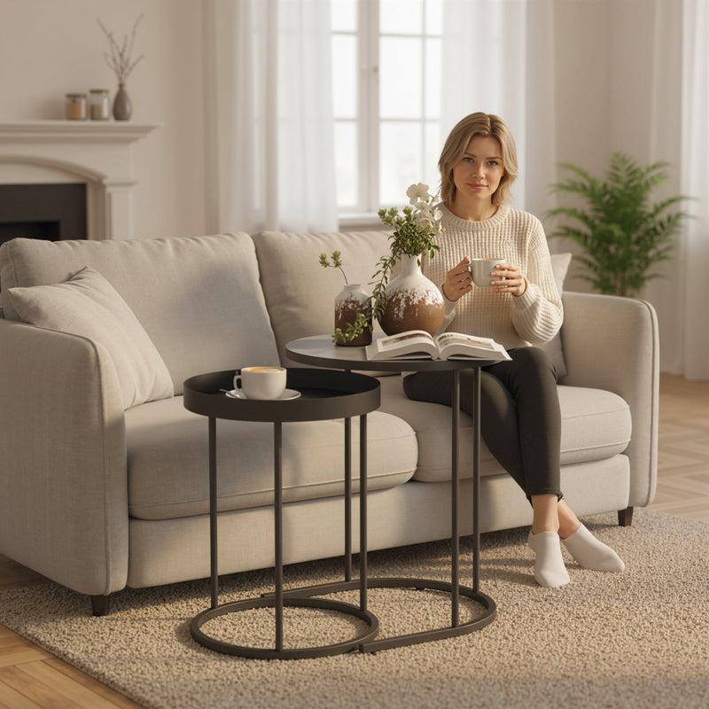 Set of 2 Round Nesting Side Tables Ideal for Living Room or Bedroom Use Grey