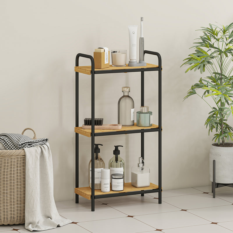 3 Tier Bamboo Bathroom Shelf Freestanding Storage Unit With Slatted Shelves Natural, Black