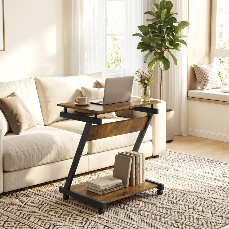 Compact Rolling Desk with Keyboard Tray and Storage Shelf for Small Spaces Rustic Brown