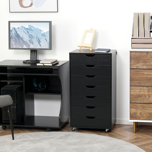 Mobile 7 Drawer Filing Cabinet for Home Office Storage with Lockable Wheels, Black