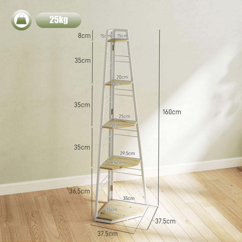 White Wood Effect Five Tier Corner Shelf for Home or Office Storage