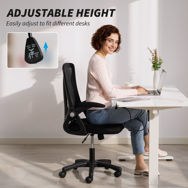 Office Chair with Lumbar Support and Flip Up Arms for Comfortable Home Working Black