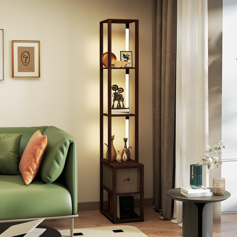 LED Floor Lamp with Storage Shelves and Fabric Drawer for Living Room or Bedroom Dark Brown