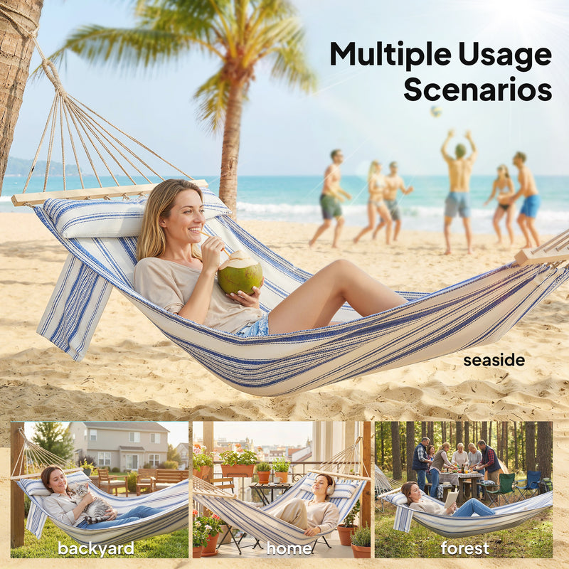Garden Hammock with Headrest and Side Pocket for Outdoor Relaxation Blue and White Outsunny