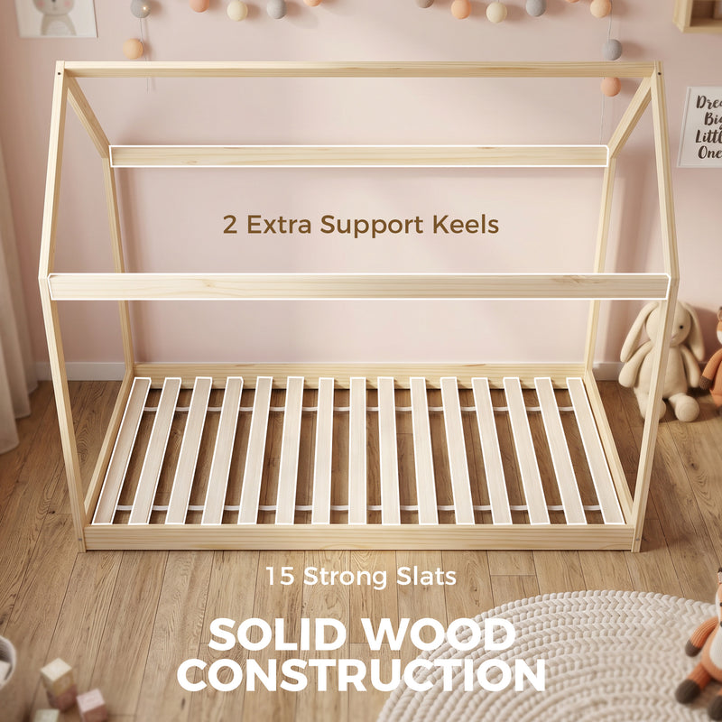 Kids Wooden House Bed Frame for Cosy and Fun Bedtime Single Size Natural Wood Finish
