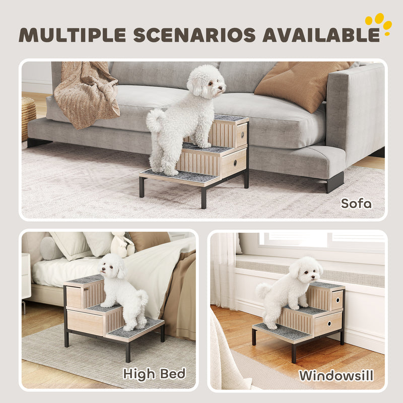 Dog Stairs with Storage and Non Slip Cover for Small Pets Ideal for Sofa or Bed Oak Tone AOSOM