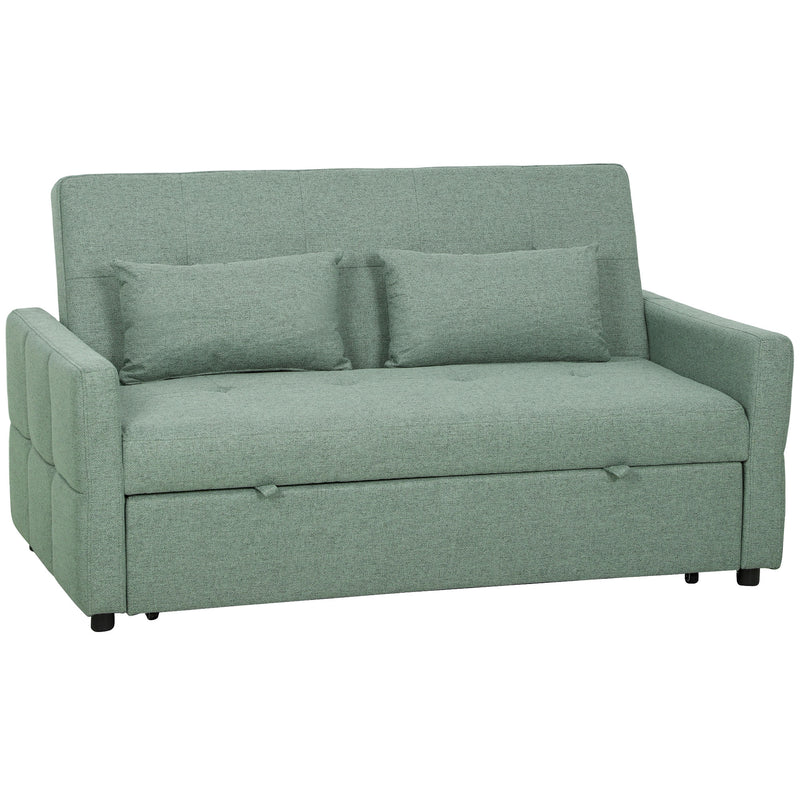 2 Seater Folding Sofa Bed For Small Spaces - 3 Position Reclining Backrest, Green Fabric