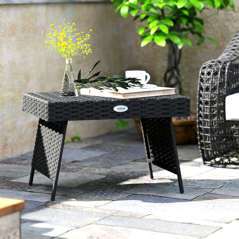 Foldable Outdoor Rattan Side Table with Steel Frame for Garden in Black by Outsunny