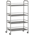 Kitchen Storage Trolley with Adjustable Shelves and Lockable Wheels Four Tier Silver Tone