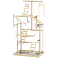 PawHut 95 cm Wooden Bird Playground with Ladders, Chain Toy, Stainless Steel Cups and Tray, Bird Cage Accessories, Natural