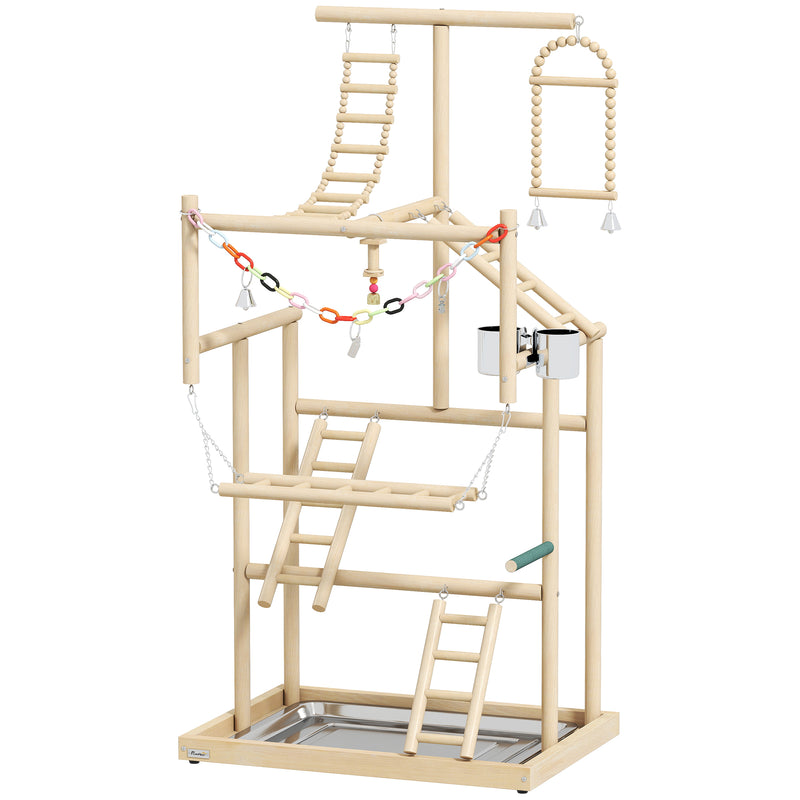 PawHut 95 cm Wooden Bird Playground with Ladders, Chain Toy, Stainless Steel Cups and Tray, Bird Cage Accessories, Natural