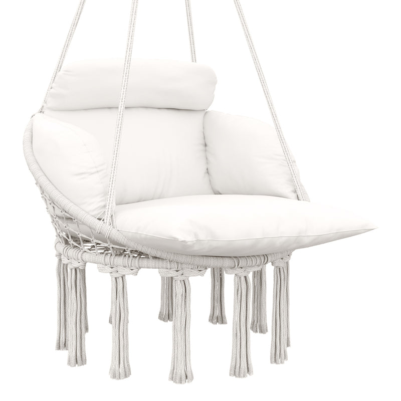 Cream White Hanging Hammock Chair with Cushion Boho Cotton Rope Swing Seat by Outsunny