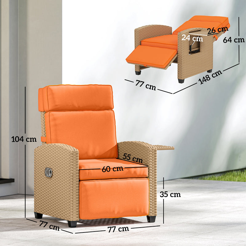 Rattan Recliner Garden Chair with Adjustable Back and Flip-Up Side Tray Khaki Outsunny