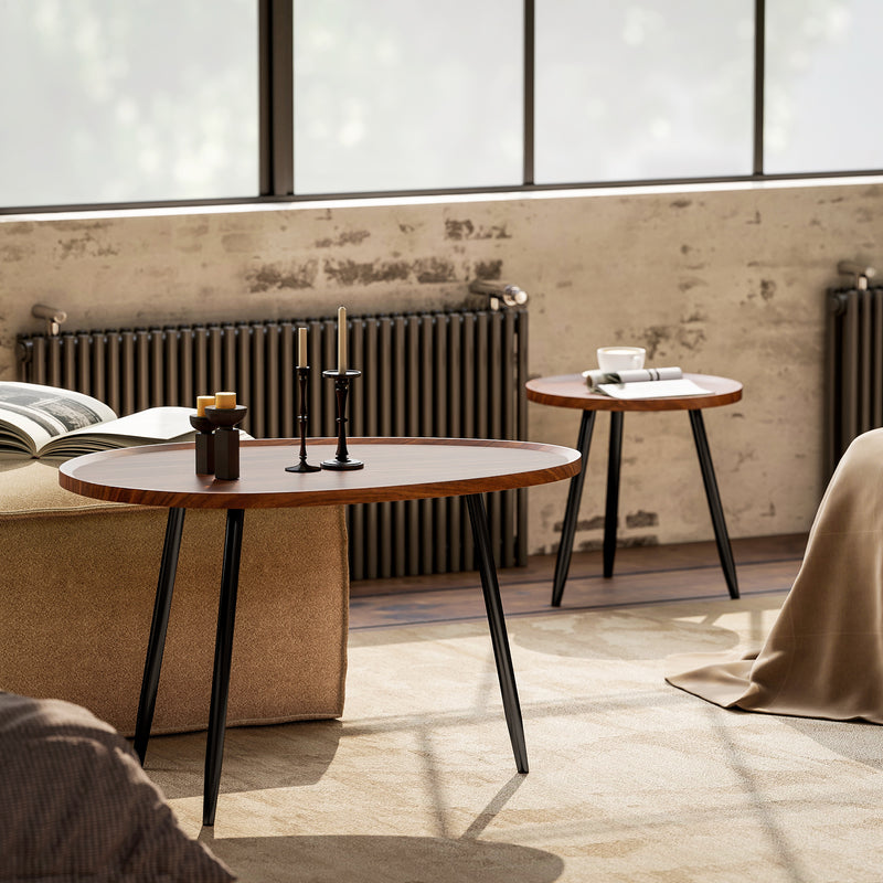 Set of 2 Modern Nesting Coffee Tables with Metal Legs for Living Room or Office Chestnut