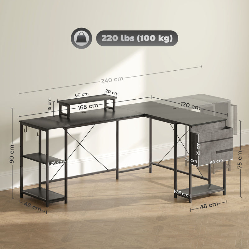Black L Shaped Corner Desk 168cm with Adjustable Shelf and Storage for Two People by HOMCOM