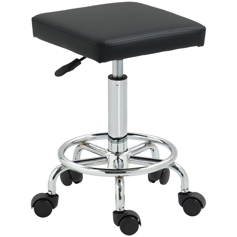 Black Adjustable PU Leather Rolling Stool with Wheels by HOMCOM