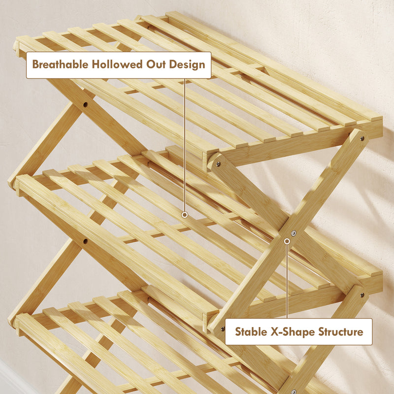 Five Tier Folding Bamboo Shoe Rack Space Saving Storage Organiser For Hallway Natural AOSOM