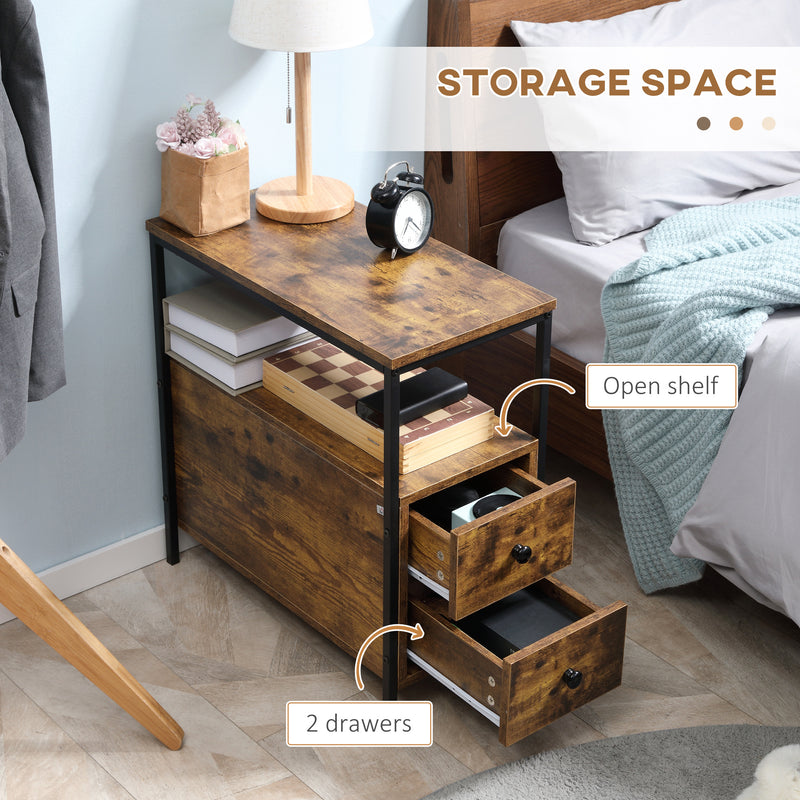 Set of 2 Industrial Style Narrow Bedside Tables with Drawers and Shelf for Small Spaces Rustic Brown