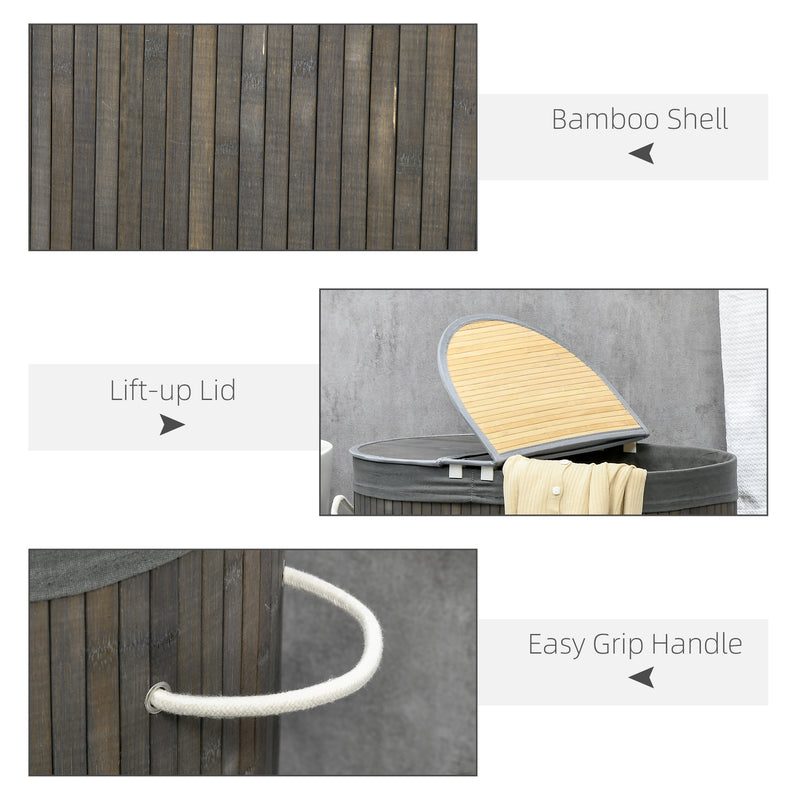 100L Bamboo Laundry Basket with Lid and 2 Sections Removable Lining, Grey